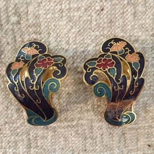 Vintage Faux Cloisonné Metal Clip On Earrings Blue